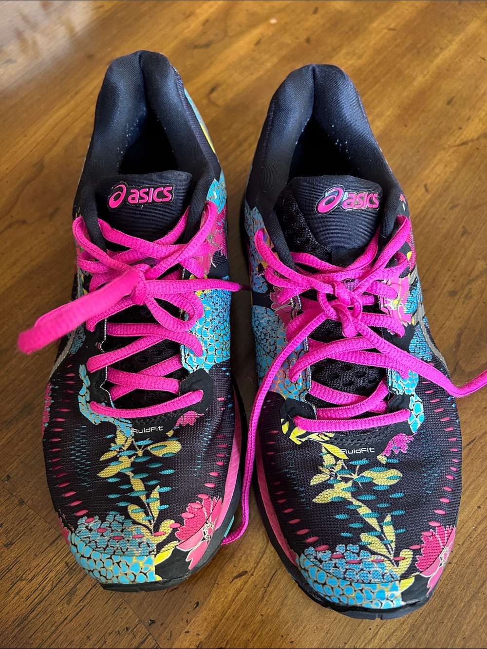 ASICS Black Athletic Shoes with Pink Laces and Multicolor Floral Print